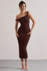 Chocolate Brown Twisted Asymmetric Midi Dress